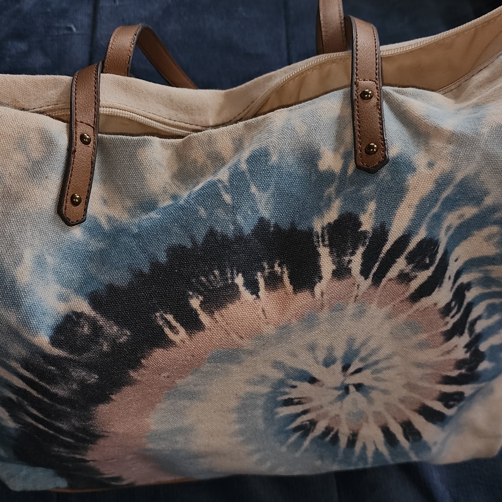 Blue and Brown Tie-Dye Tote Bag with Leather Handles